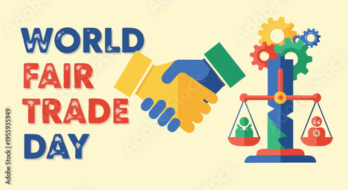 Handshake with scales and gears in fair trade day logo for social justice and equality in vibrant colorful illustration