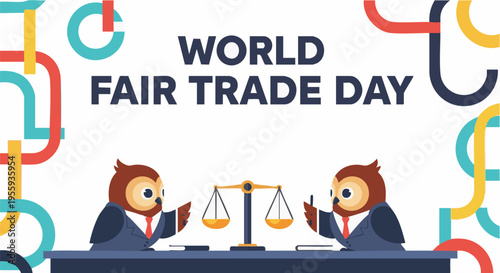 Two owls  in business suits negotiating on World Fair Trade Day with colorful geometric patterns in a professional and fair mood with warm lighting for business and social impact marketing