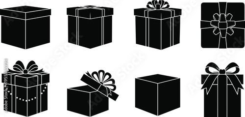Variety of gift box silhouettes with ribbons, bows, beads, open lids, and decorative designs for holiday, birthday, and celebration icons