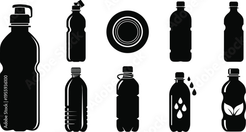 Water bottle silhouettes collection including sport, eco and plastic drink containers with hydration designs isolated on white background vector icon set