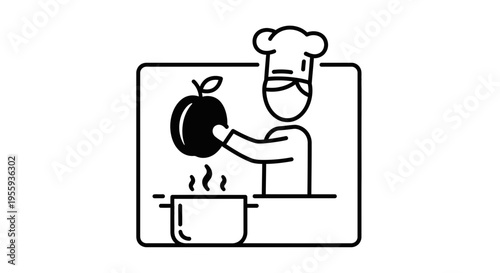 Chef Cooking Apple in Pot, Healthy Food Preparation, Culinary Art Icon
