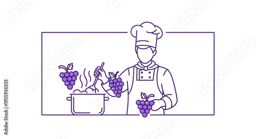 Chef cooking grapes in pot, healthy food preparation, culinary concept, illustration