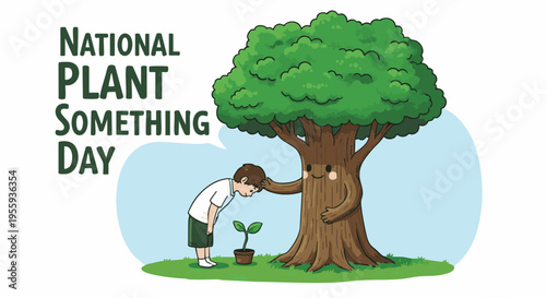 National plant something days illustration of a Man planting small tree in green grass on sunny day for environmental conservation