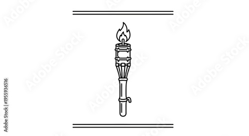 Burning Torch Icon, Bamboo Handle, Flame, Fire, Light, Symbol, Vector Illustration