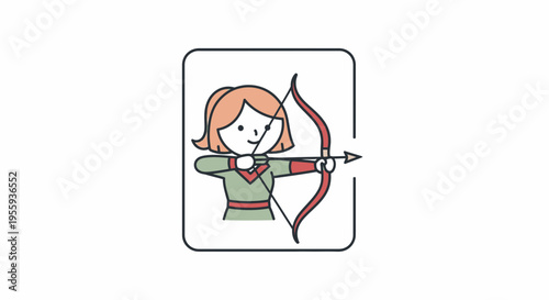 Cartoon Archer Girl Icon: Sagittarius Zodiac Sign, Aiming Bow and Arrow