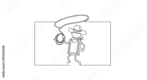 Cartoon Cowboy Character with Lasso, Simple Line Art Drawing