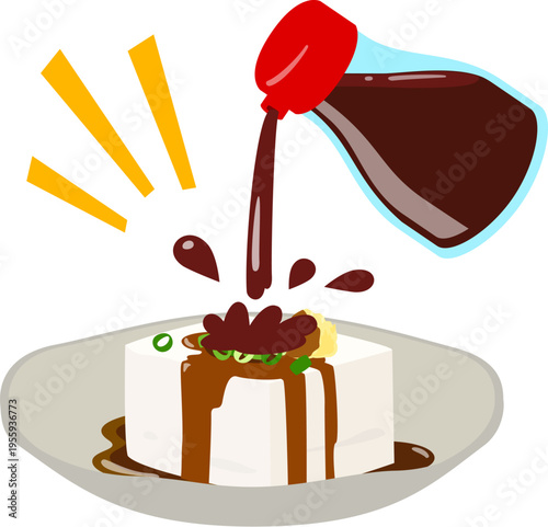 醤油さしから豆腐に注がれる大量の醤油