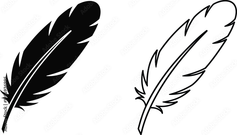 Fototapeta premium Black and White Feather Silhouette Icon Set Vector