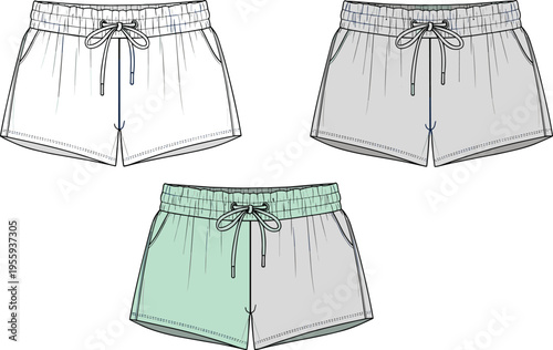 Elastic waist shorts with drawstring and side pockets, casual athletic apparel design, CAD flat vector illustration for fashion template set