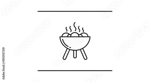 Barbecue Grill Icon with Food and Smoke, Simple Line Art