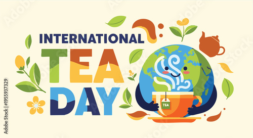 International Tea Day logo with globe and steaming cup in colorful vibrant lighting for social media