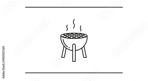 Barbecue grill icon with smoke, simple line art, outdoor cooking symbol
