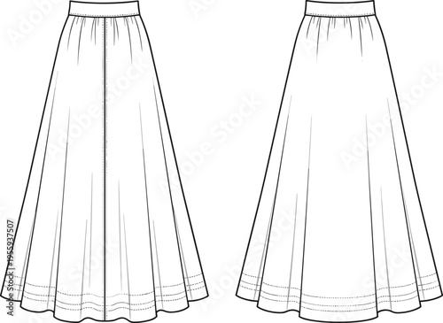 High-waisted A-line maxi skirt with flared silhouette, technical fashion sketch, front and back view, CAD flat vector illustration, apparel design template