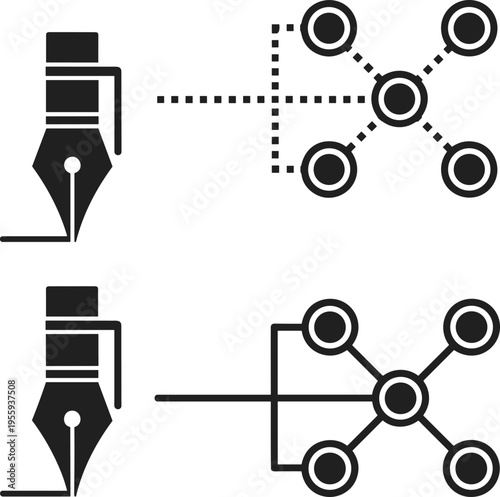 Fountain Pen Writing to Digital Network Node Icon Set, Content Strategy Concept, Connectivity Vector Illustration, Professional Creative Writing and Social Media