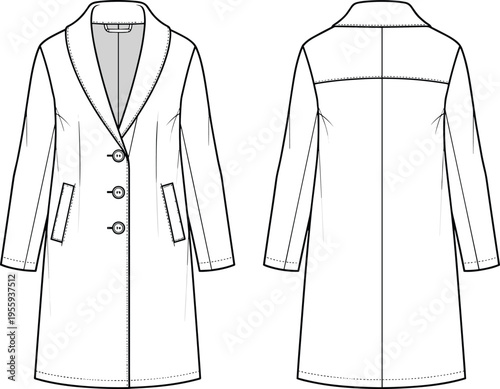 Single breasted coat with shawl collar and side pockets, front and back view, technical fashion sketch, CAD flat vector illustration