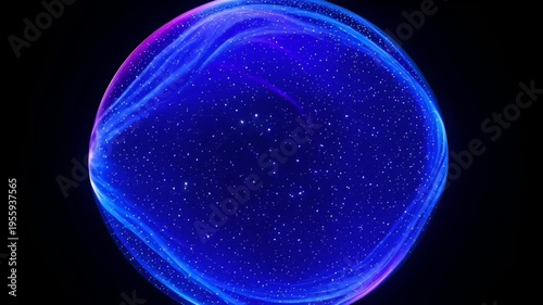 Glowing blue sphere with flowing neon ribbons and scattered starlike particles creating cosmic futuristic atmosphere glowing purple and blue energy orb with sparkling particles and flowing light