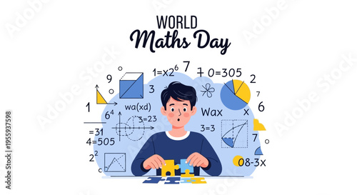 Illustration of a young boy engaging in math problem solving with geometric shapes and equations for World Maths Day against a clean background with a math education concept.