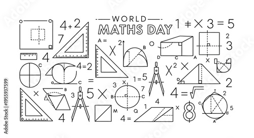 Illustration of various mathematical symbols and equations on World Maths Day, featuring geometric shapes and formulas in a detailed design.