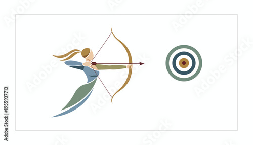 Archer Woman Aiming Bow and Arrow at Target, Focus and Precision