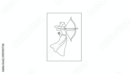 Archer Woman Drawing Bow and Arrow, Elegant Line Art Illustration