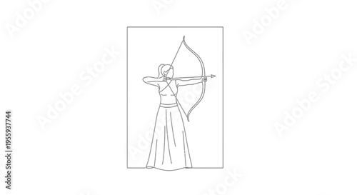 Archer Woman Drawing Bow Arrow Ready to Shoot, Line Art
