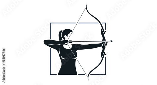 Archer Woman Silhouette Aiming Bow and Arrow in Target Frame, Sport Competition Concept