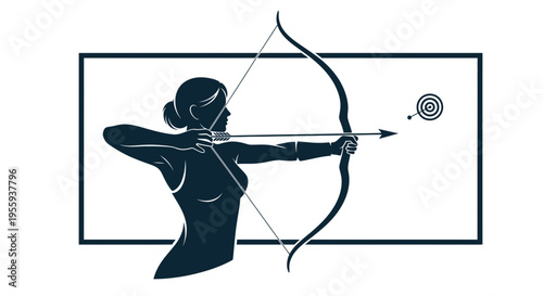 Archer Woman Silhouette Aiming Bow Arrow at Target - Sport Competition Icon