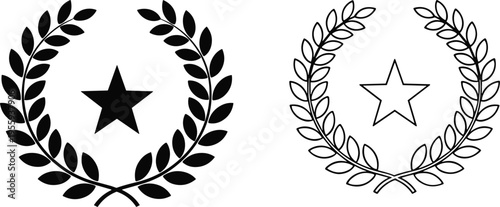 Schwarzer Lorbeerkranz mit Stern als Silhouette und Outline Vektor Illustration isoliert auf weißem Hintergrund für Logo Design Auszeichnung Sieg und Erfolg.