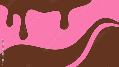 Sweet melting chocolate and pink strawberry icing glaze background. Melted syrup or dripping liquid sauce. Minimalist sweet chocolate and strawberry pink background. Minimalist wavy background.