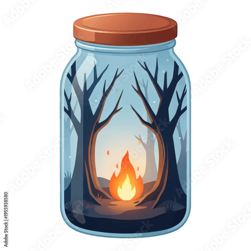 Campfire in Jar Illustration Vector, Isolated Magical Forest Theme for Design Projects