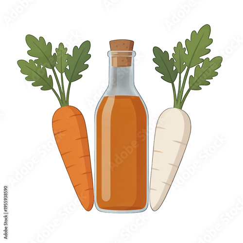 Carrot and Parsnip Vector Illustration with Bottle, Minimalist Design for Food and Health
