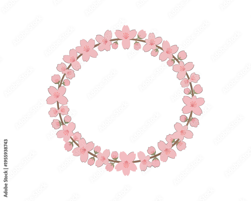 Obraz premium Circular Floral Wreath with Pink Blossoms, Minimalist Vector Illustration for Design and Wedding Themes