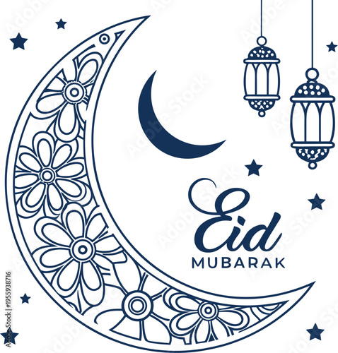 Festive Eid Mubarak Illustration with Patterned Crescent and Metallic Accents.