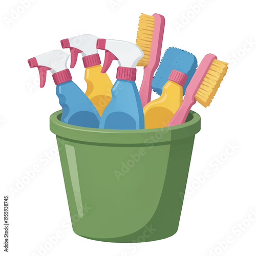 Cleaning Supplies Vector Illustration, Bucket with Brushes and Spray Bottles for Cleaning Concept
