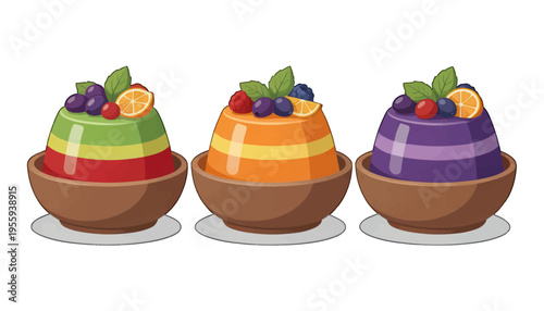 Colorful Layered Dessert Bowls Vector Illustration, Fruit Toppings, Isolated on Transparent Background