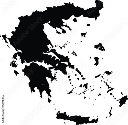 Silhouette map of Greece with black landmass on white background