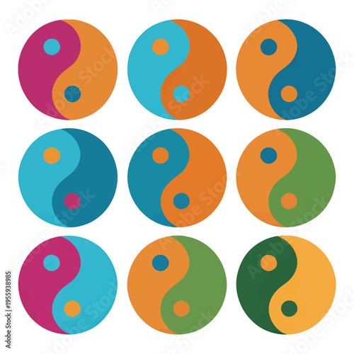 Colorful Yin Yang Symbol Vector Icon Set, Vibrant Balanced Harmony Design for Wellness and Meditation