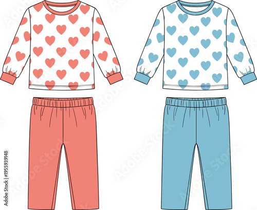 Kids cute matching heart print pajama sets, long sleeve crew neck tops and lounge pants, cad drawing flat vector illustration
