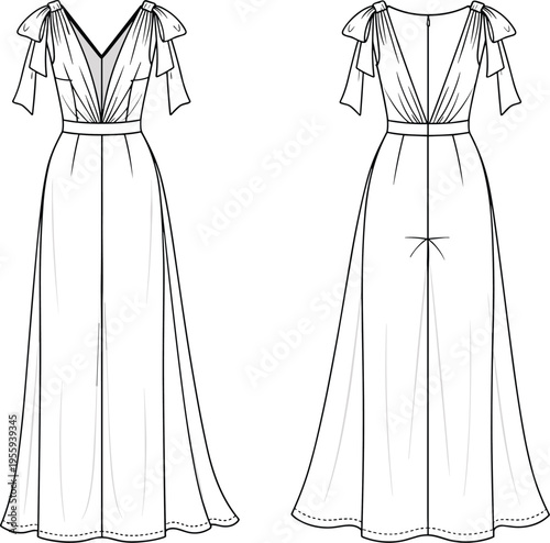Women’s elegant jumpsuit with deep v-neckline and tie-strap shoulder details, cad drawing flat vector illustration for apparel fashion design