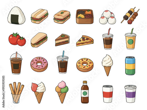 Diverse Food and Drink Icon Set Vector, Flat Style Collection for Apps, Menus, and Websites