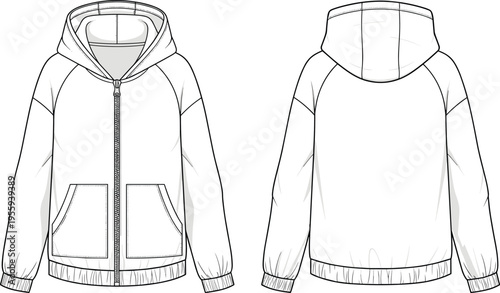 Oversized zip-up hoodie technical fashion flat sketch with raglan sleeves and pouch pockets, cad drawing flat vector illustration for design