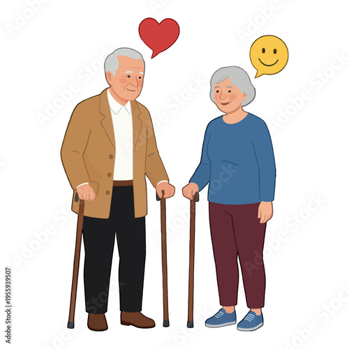 Elderly Couple Walking with Canes, Vector Illustration for Senior Care and Love Concept