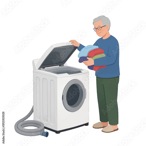 Elderly Man Loading Clothes Into Washing Machine, Modern Flat Vector Illustration