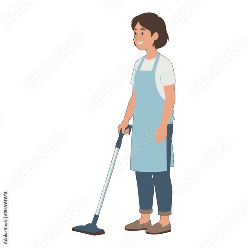 Female Character Vector Illustration in Blue Apron Holding Mop for Cleaning and Housekeeping Concept