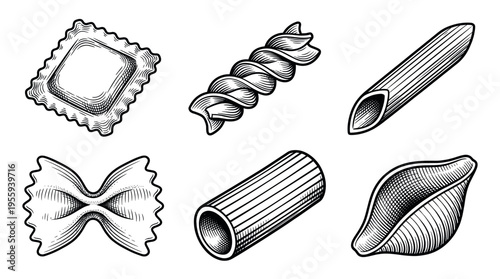 A set of classic Italian pasta types, including ravioli and fusilli, drawn in a vintage engraving style. Ideal for menus, food packaging, and culinary branding.