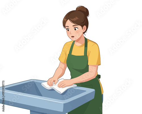 Female Worker Cleaning Table with Rag, Vector Illustration for Hygiene and Service Industry