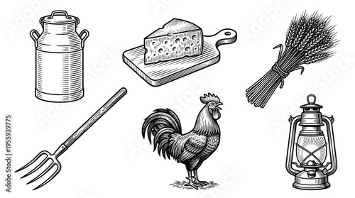 A vintage set of hand-drawn farm icons in an engraving style. Includes rooster, cheese, milk can, and wheat. Ideal for rustic branding, logos, and agricultural design projects.