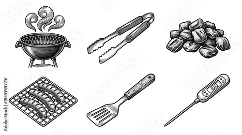 A set of vintage barbecue icons. Includes grill, charcoal, sausage, and tools like a spatula and thermometer. Hand-drawn engraving style for restaurant menus or labels.
