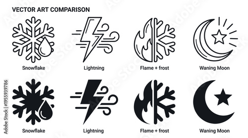 Set of weather and nature vector icons comparing two styles: outline and solid glyph. Includes snowflake, lightning, flame, moon. For UI, web, apps, logo design.
