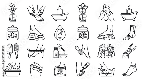 A set of linear icons for pedicure and foot care. Spa and beauty salon symbols for wellness, massage, and relaxation procedures. Vector graphic collection for web and print.